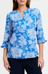Foxcroft Vena Floral Split Neck Cotton Shirt In Cobalt Blue