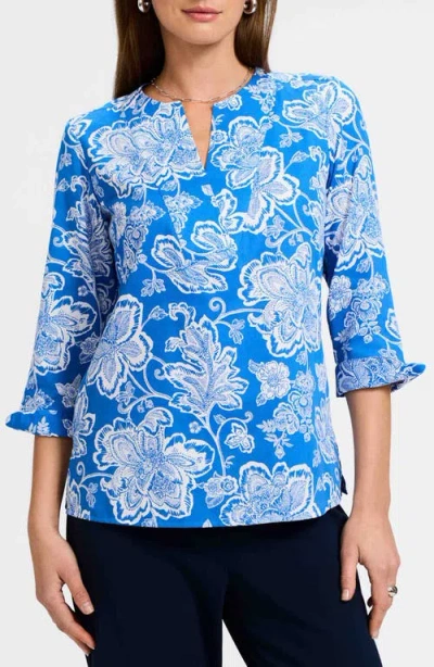 Foxcroft Vena Floral Split Neck Cotton Shirt In Cobalt Blue