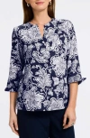 Foxcroft Vena Floral Split Neck Cotton Shirt In Navy/white