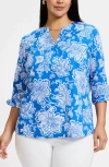 Foxcroft Vena Floral Split Neck Cotton Shirt In Cobalt Blue/white