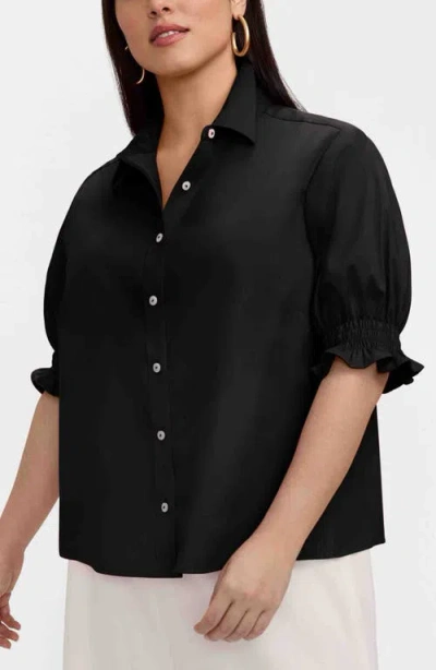 Foxcroft Vivienne Elbow Sleeve Matte Sateen Button-up Shirt In Black