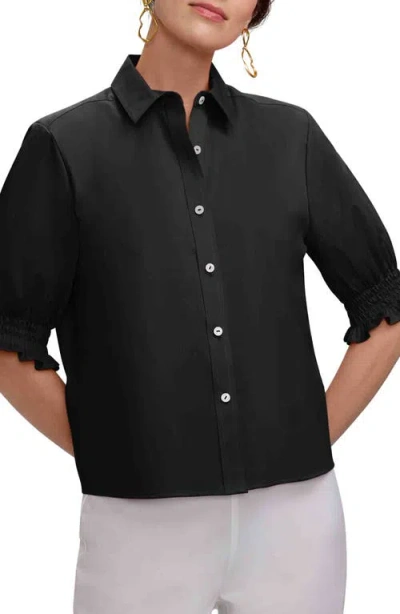 Foxcroft Vivienne Elbow Sleeve Matte Sateen Button-up Shirt In Black