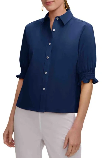 Foxcroft Vivienne Elbow Sleeve Matte Sateen Button-up Shirt In Blue