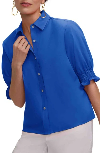 Foxcroft Vivienne Elbow Sleeve Matte Sateen Button-up Shirt In Blue