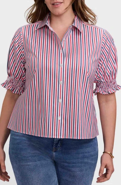 Foxcroft Vivienne Stripe Elbow Sleeve Matte Sateen Button-up Shirt In Multi