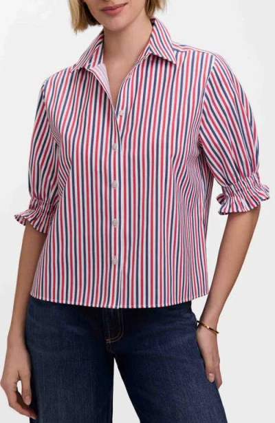 Foxcroft Vivienne Stripe Elbow Sleeve Matte Sateen Button-up Shirt In Red