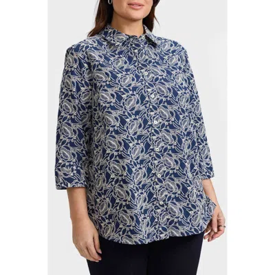 Foxcroft Zoey Embroidered Eyelet Cotton Button-up Shirt In Navy/white