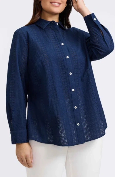 Foxcroft Zoey Mixed Stitch Cotton Button-up Shirt In Navy