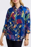 Foxcroft Zoey Nautical Three Quarter Sleeve Linen Blend Button-up Shirt In Navy Multi