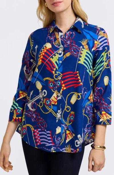 Foxcroft Zoey Nautical Three Quarter Sleeve Linen Blend Button-up Shirt In Navy Multi