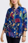 Foxcroft Zoey Nautical Three Quarter Sleeve Linen Blend Button-up Shirt In Navy Multi