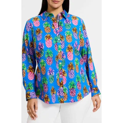 Foxcroft Zoey Pineapple Print Cotton Button-up Shirt In Blue Multi