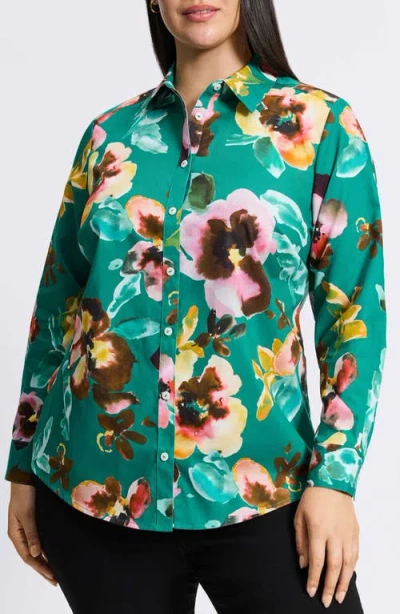 Foxcroft Zoey Watercolor Non-iron Cotton Button-up Shirt In Green Multi