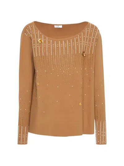 Fracomina Crystal-embellished Floral-appliqué Sweater In Brown