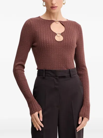 Fracomina Cut-out Pointelle-knit T-shirt In Brown