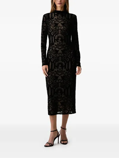 Fracomina Devoré-effect Long-sleeve Midi Dress In Black