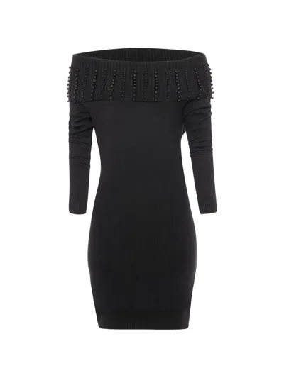 Fracomina Embellished Off-the-shoulder Mini Dress In Black