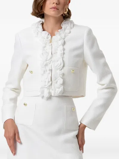 Fracomina Floral-applique Cropped Tweed Jacket In White