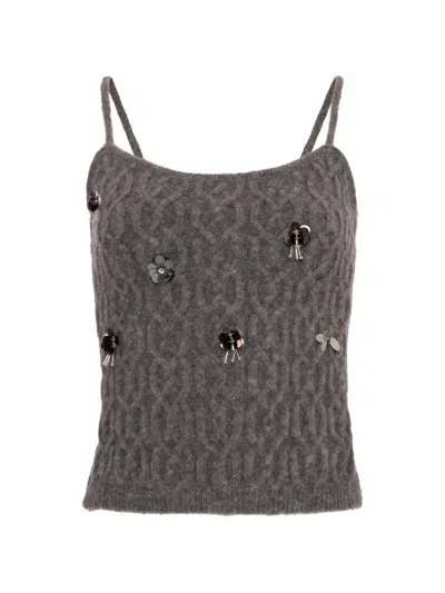 Fracomina Floral-appliqués Cable-knit Tank Top In Gray