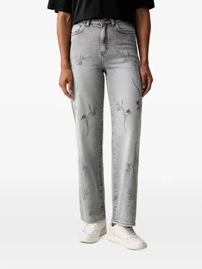 Fracomina Floral-embroidered Straight-leg Jeans In Gray