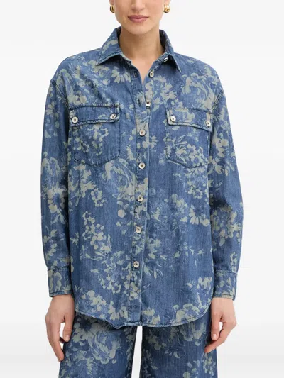Fracomina Floral-print Denim Shirt In Blue