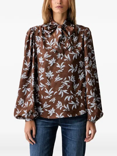 Fracomina Floral-print Pussy-bow Blouse In 브라운