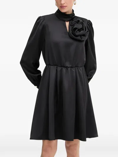 Fracomina Flower-embellished Mock-neck Mini Dress In Black