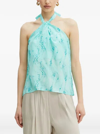 Fracomina Halterneck Leaf-print Top In Blue