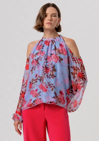 Fracomina Mesh With Floral Print Woman Lightbluecherry In Blue
