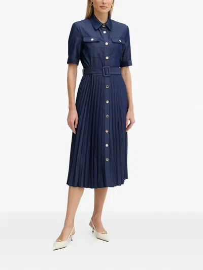 Fracomina Pleated Belted Midi Dress In Blue