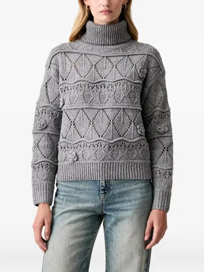 Fracomina Pointelle-knit Floral-appliqué Sweater In Gray