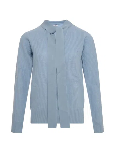 Fracomina Pussy-bow Ribbed-knit Sweater In Blue