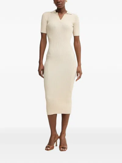Fracomina Ribbed-knit Polo-collar Midi Dress In Neutral