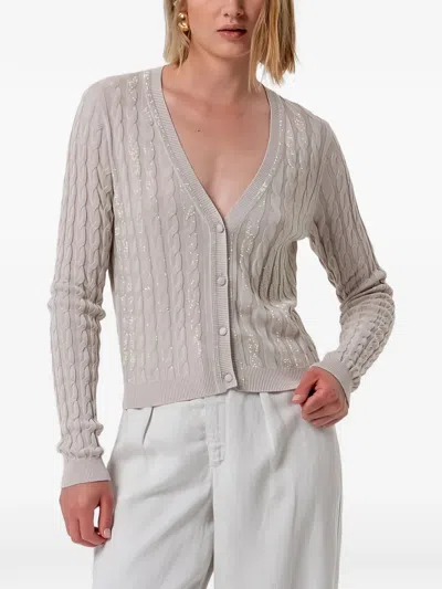Fracomina Sequin-embellished Cable-knit Cardigan In Gray