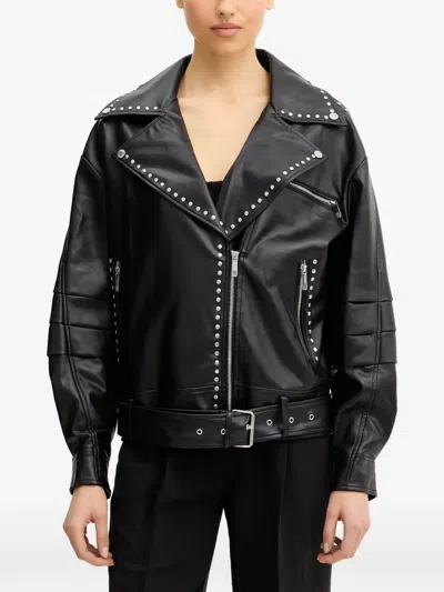 Fracomina Stud-embellished Zip-up Biker Jacket In Black
