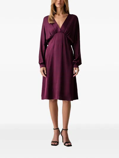 Fracomina V-neck Gathered Satin Midi Dress In Red