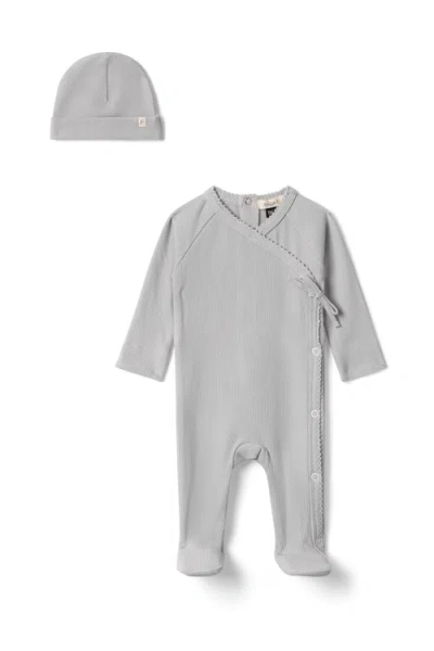 Fragile Babies'  Back Snap Ribbed Romper With Hat In Gray