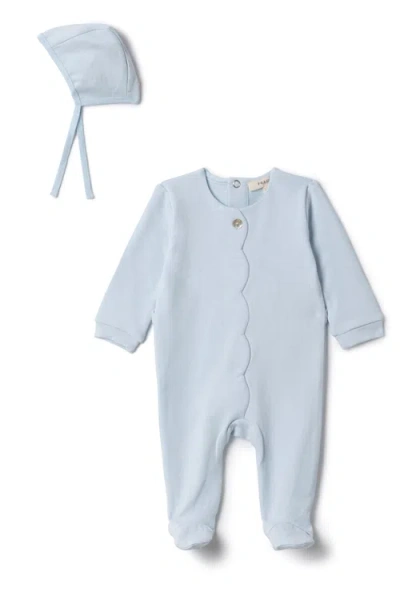 Fragile Babies'  Boy Cotton Scallop Romper With Bonnet In Blue