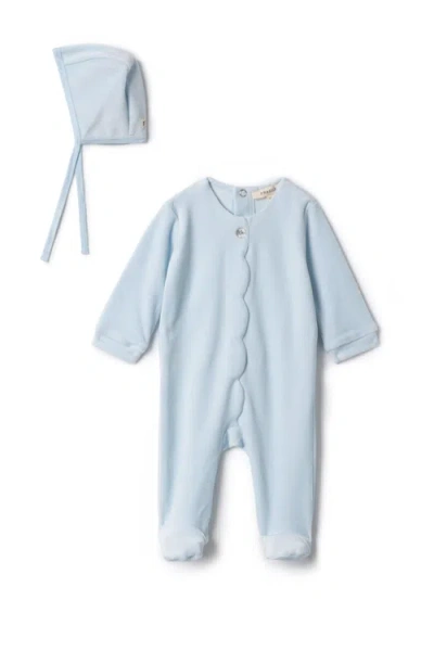 Fragile Babies'  Boy Cotton Velour Scallop Romper With Bonnet In Blue