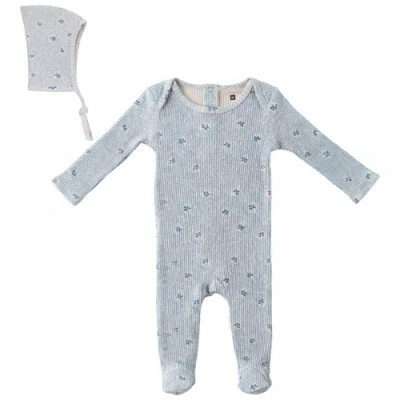 Fragile Babies'  Boy Floral Print Rib Romper With Bonnet In Blue