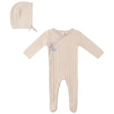 Fragile Babies'  Boy Lace Textured Cotton Wrap Romper With Bonnet In Neutral