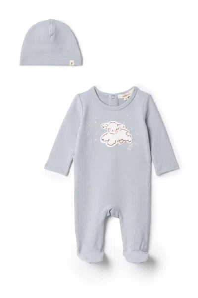 Fragile Babies'  Boy Sheep Embroidered Romper With Matching Hat In Blue