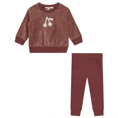 Fragile Babies'  Cherry Hook Stitches Velour 2 Piece Set Long Sleeve Top And Pants In Brown