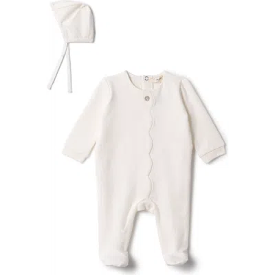Fragile Kids'  Cotton Scallop Romper With Bonnet In White
