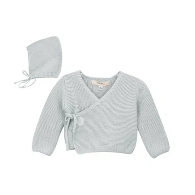 Fragile Kids'  Garter Knit Wrap Cardigan Set With Bonnet In Blue