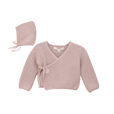 Fragile Kids'  Garter Knit Wrap Cardigan Set With Bonnet In Purple