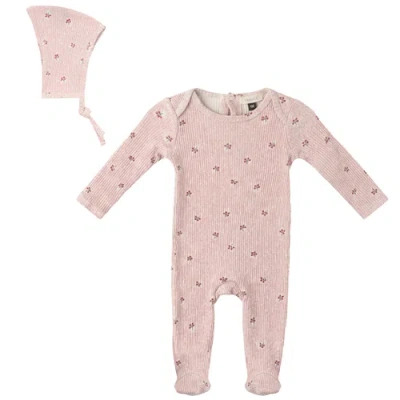 Fragile Babies'  Girl Cherry Print Rib Romper With Bonnet In Pink