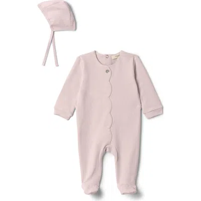 Fragile Babies'  Girl Cotton Scallop Romper With Bonnet In Pink