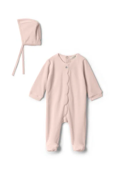 Fragile Babies'  Girl Cotton Velour Scallop Romper With Bonnet In Pink