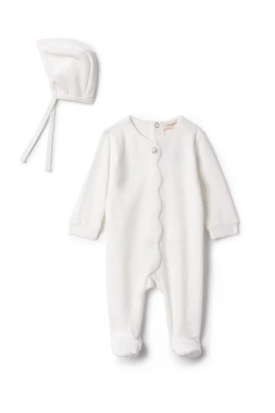 Fragile Babies'  Girl Cotton Velour Scallop Romper With Bonnet In White